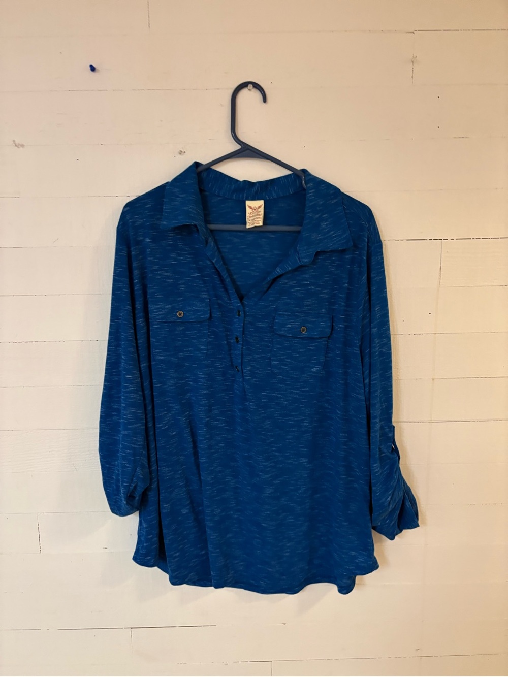 Faded Glory Womens 2X Blue Heathered Roll Tab Sleeve Blouse 18W 20W